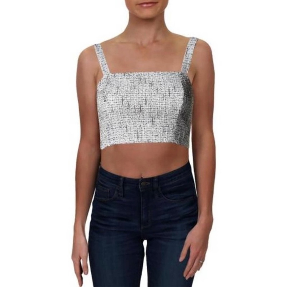 Aqua Womens Tweed Zip-Back Crop Top - XS / Off-White